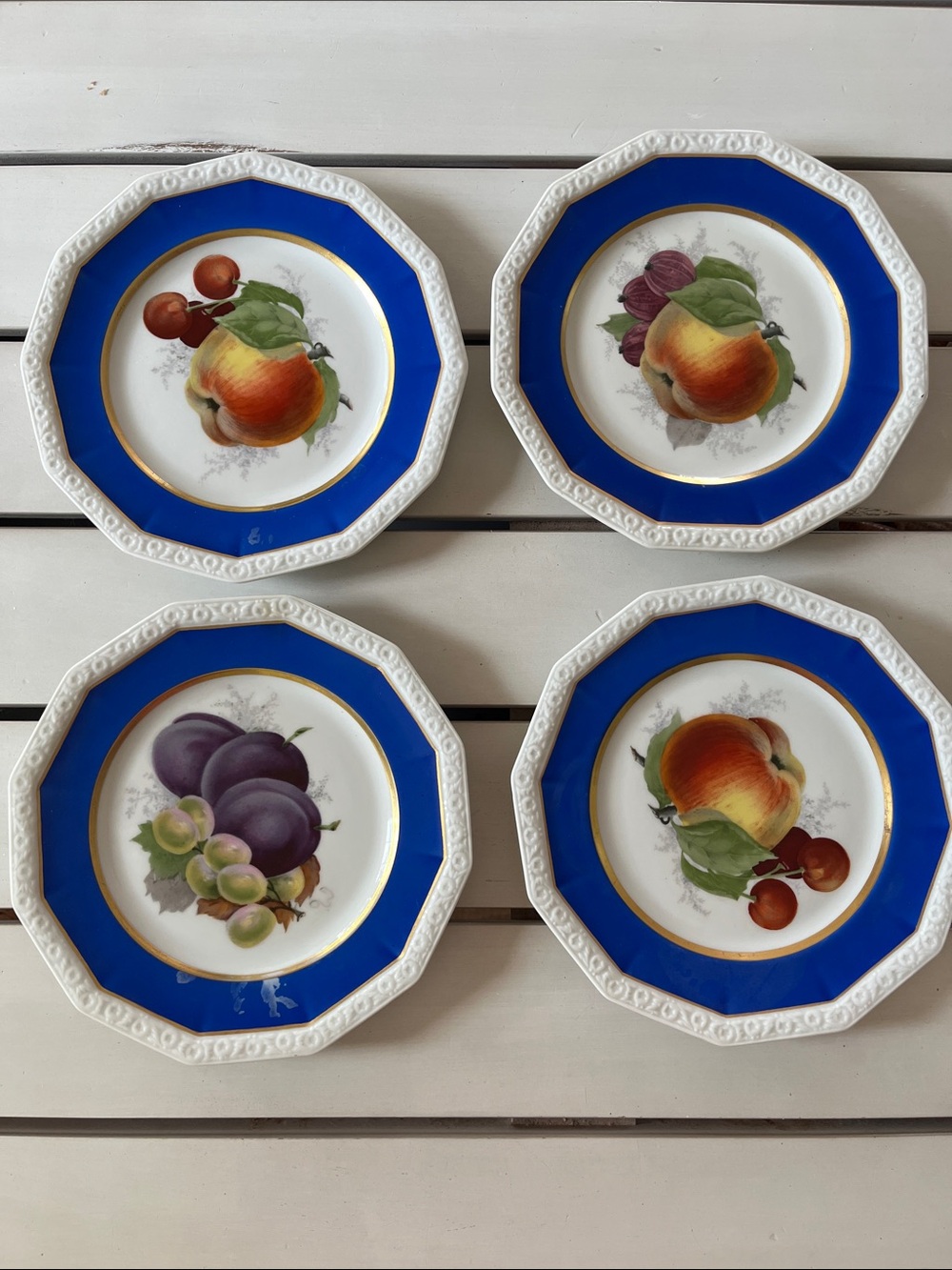 The Rosenthal Octagonal Fruit Motif Lunch Plates in Cobalt Blue and Gold Trim